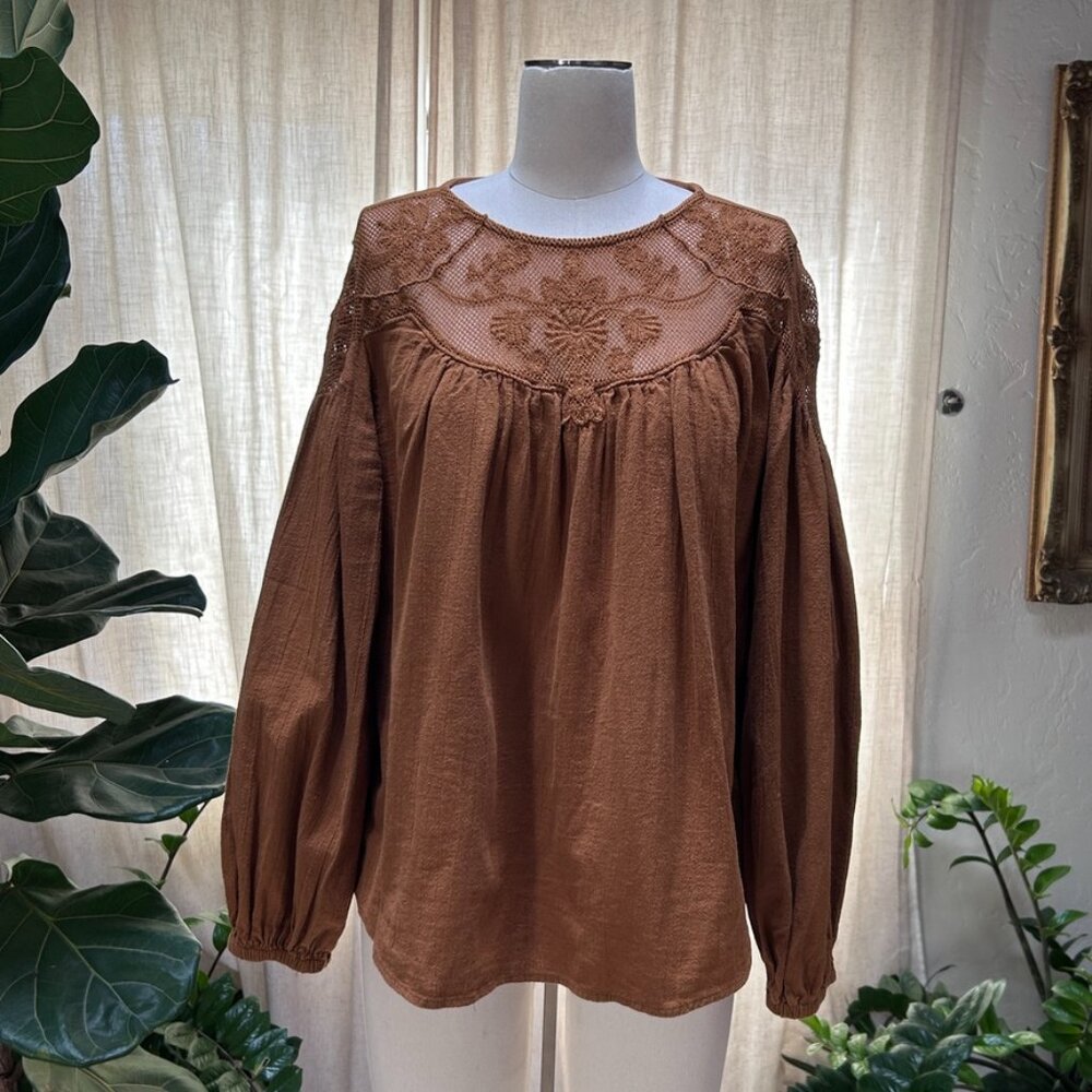 Brown Embroidered Lace Yoke Peasant Blouse Cotton Boho Folk Anthropology women L